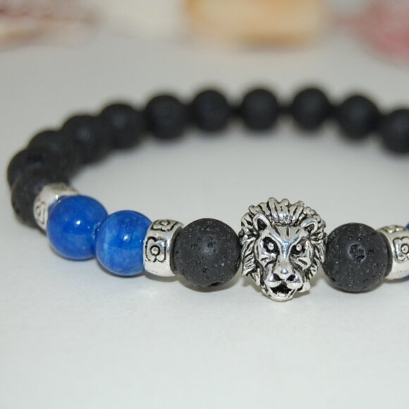 Lion Bracelet,Lava Bracelet,Lava Lion Charm Bracelet,8mm Lava Stone Beads - Picture 2 of 2
